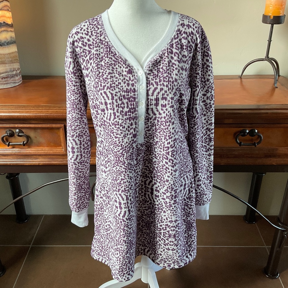Pajama Drama Fuzzy Night Shirt. Animal Print. White/Purple. Size S
